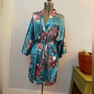 Eplaza polyester satin long kimono robe blue floral boho dressing gown - OS